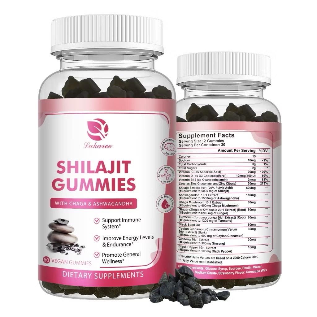 Authentic Himalayan Shilajit Gummies with Chaga & Ashwagandha – Vegan Energy and Wellness Supplement – 60 Count Strawberry flavour
