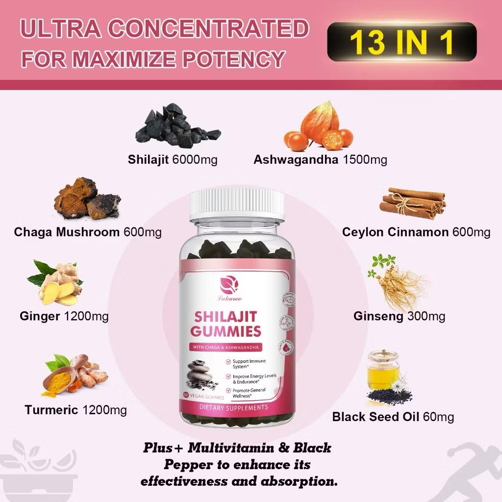 Authentic Himalayan Shilajit Gummies with Chaga & Ashwagandha – Vegan Energy and Wellness Supplement – 60 Count Strawberry flavour