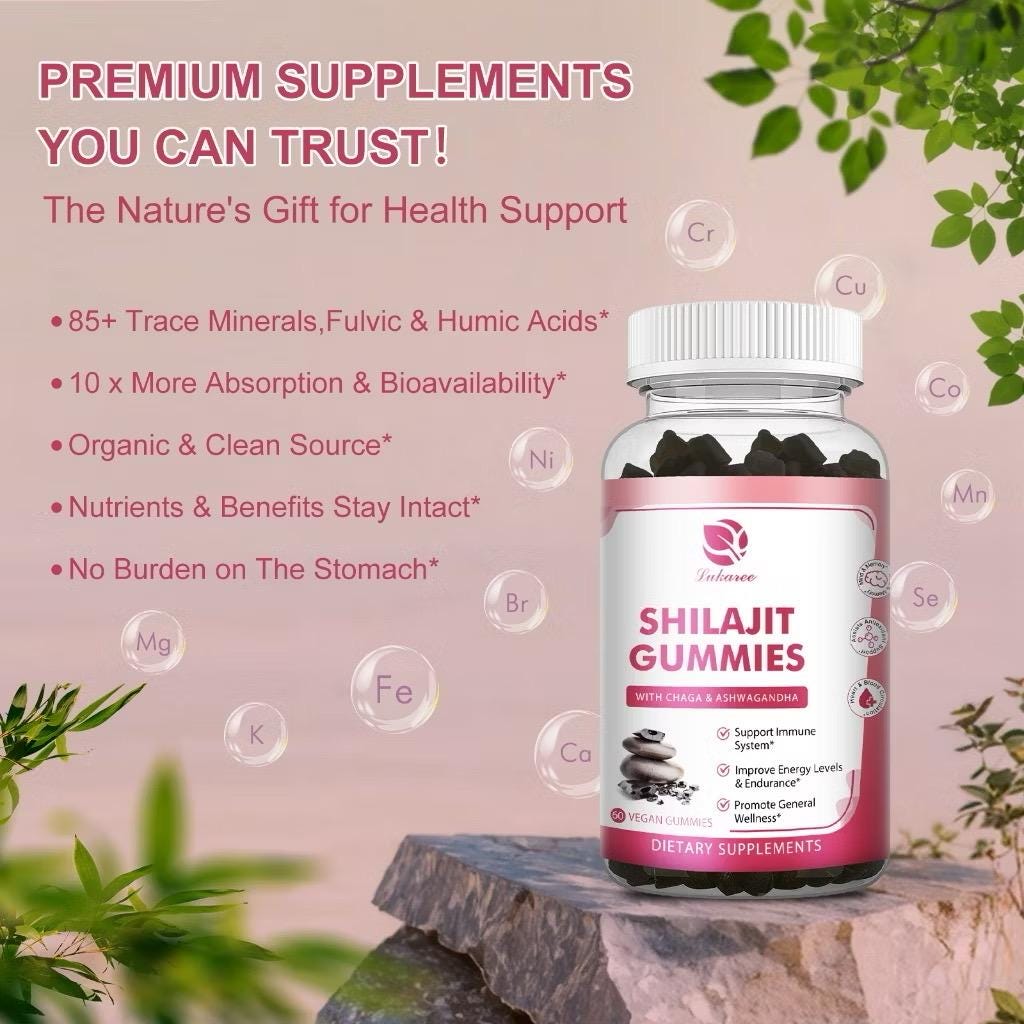 Authentic Himalayan Shilajit Gummies with Chaga & Ashwagandha – Vegan Energy and Wellness Supplement – 60 Count Strawberry flavour