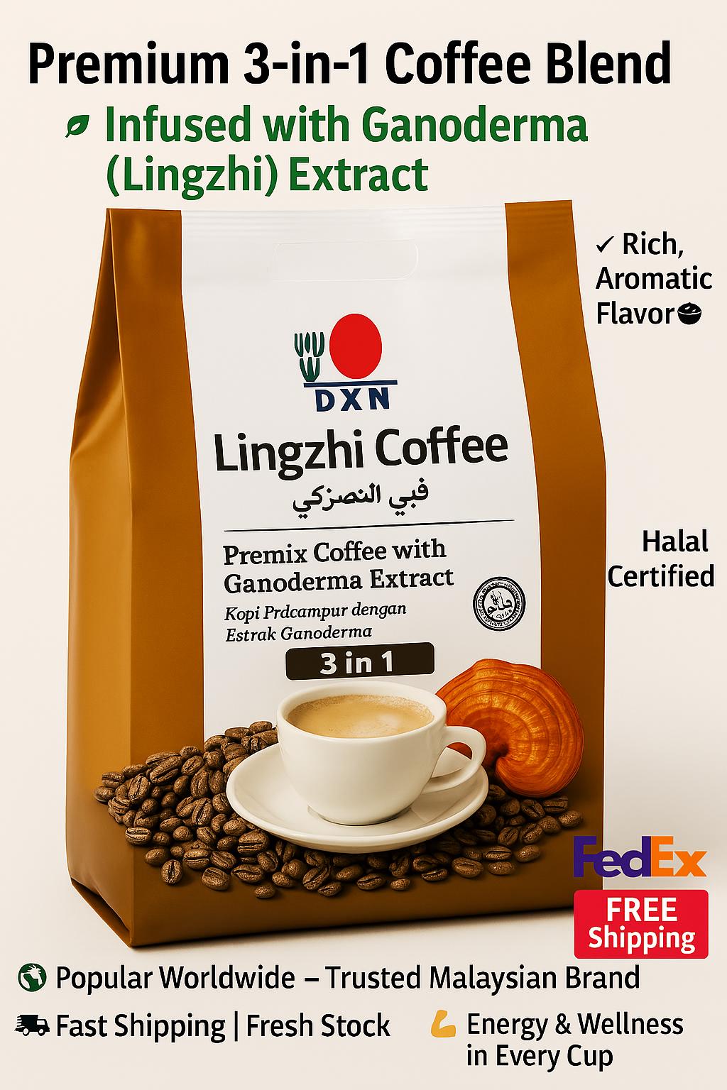 DXN Lingzhi Coffee 3 in 1 Ganoderma Instant Coffee - 20 Sachets