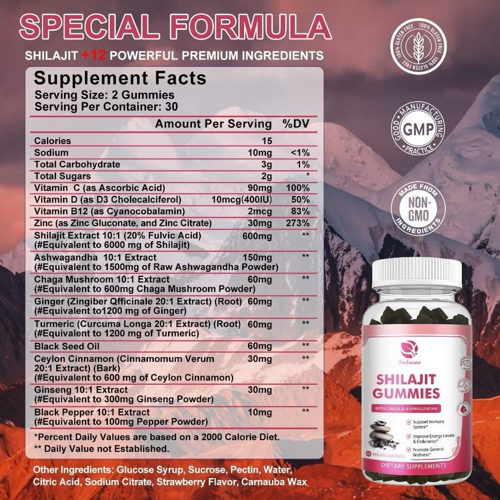 Authentic Himalayan Shilajit Gummies with Chaga & Ashwagandha – Vegan Energy and Wellness Supplement – 60 Count Strawberry flavour